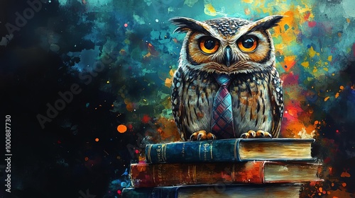 A wise owl perched on a stack of business books, wearing a tie, with a vibrant office background and ample space for text photo