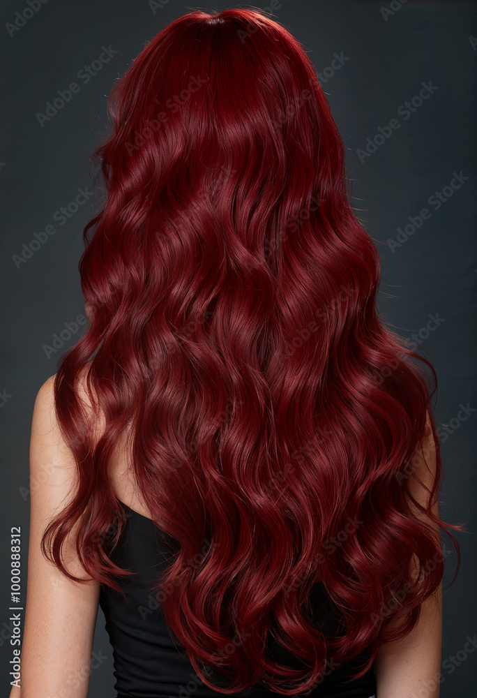 Naklejka premium model with long coloured ruby red wavy hairs