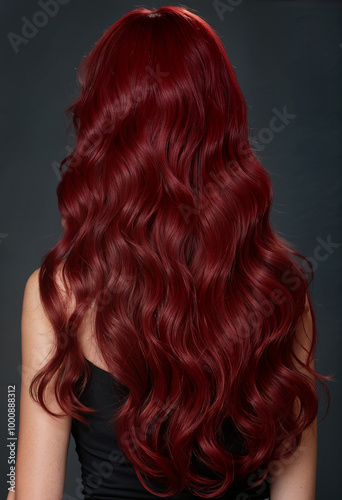 model with long coloured ruby red wavy hairs