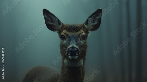 Ephemeral Encounter, Majestic Deer Amidst the FogKissed Enchantment of the Forest photo