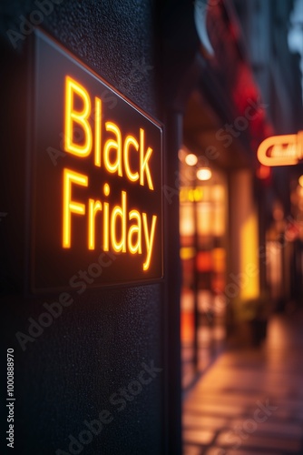 Black friday sale yellow neon signboard in commercial night downtown city market. Vertical photography (2:3)