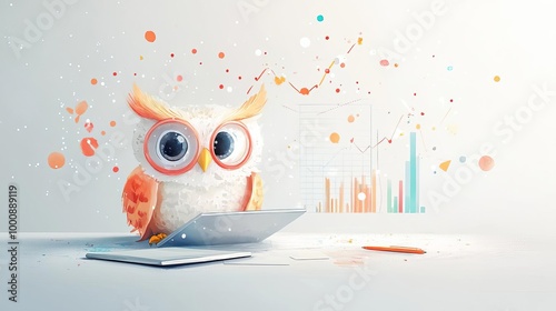 A clever owl sitting at a conference table with a tablet, analyzing business charts, with a bright office background and plenty of space for text photo