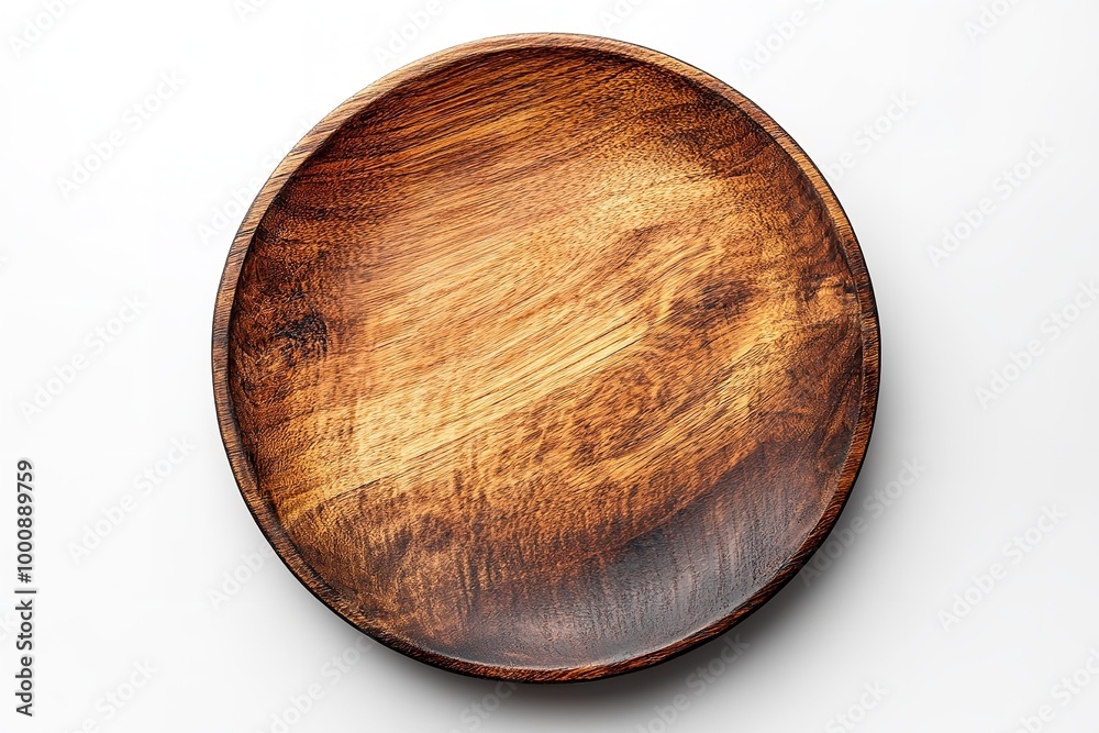 Solitary wooden platter on white backdrop. Generative Ai Solitary wooden platter on white backdrop. Generative Ai