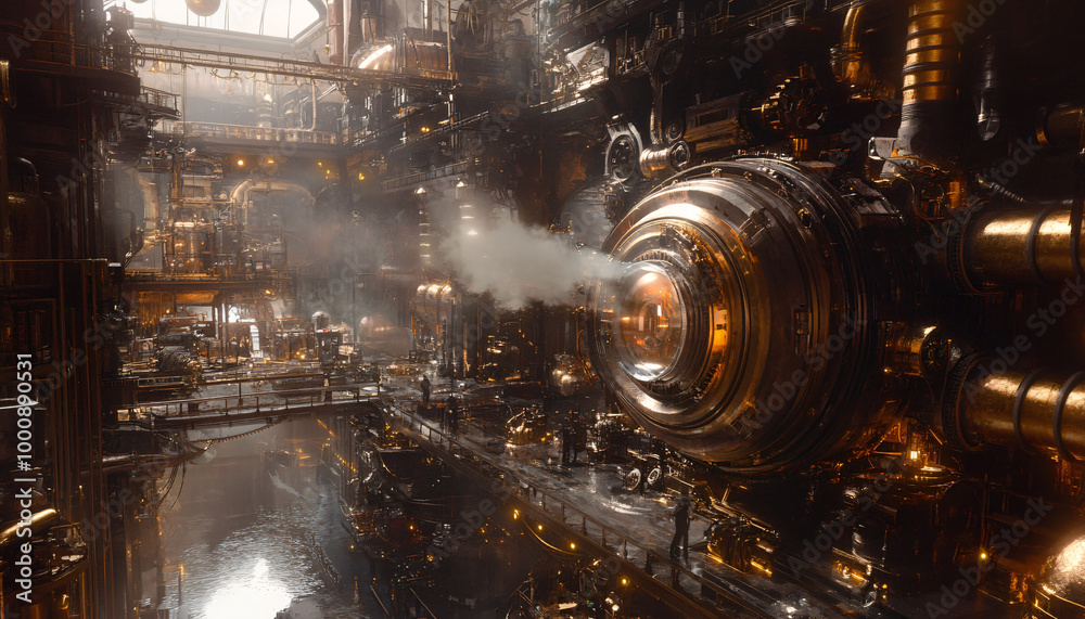 A Victorian-inspired mechanical world with gears, cogs, steam pipes, and brass accents, blending fantasy with machinery A Victorian-inspired mechanical world with gears, cogs, steam pipes, and brass accents, blending fantasy with machinery