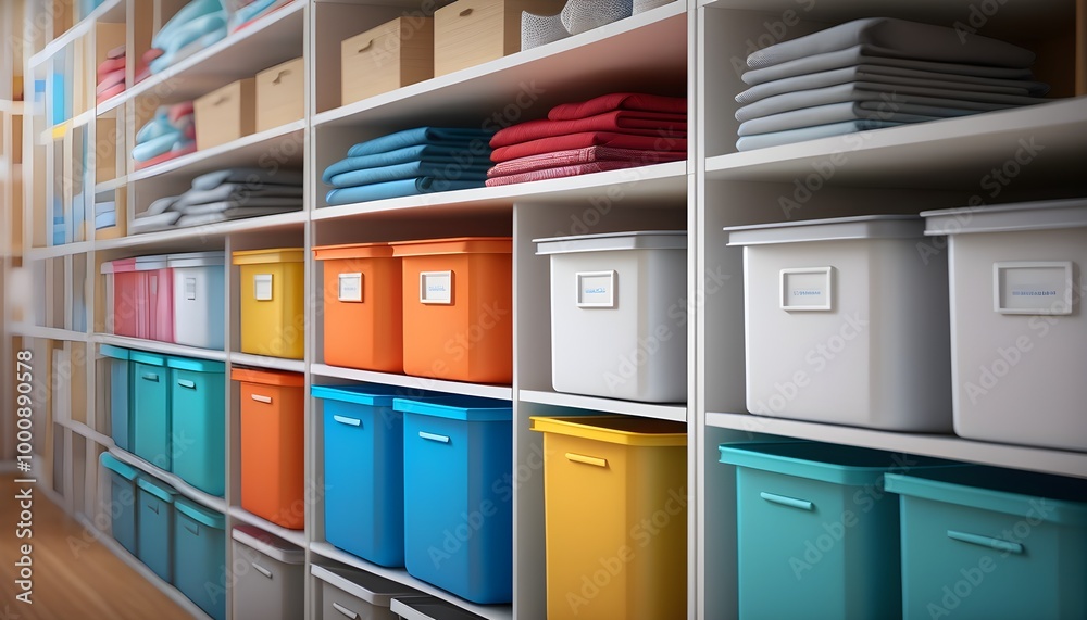 Efficient minimalist clothes storage room with labeled bins, color