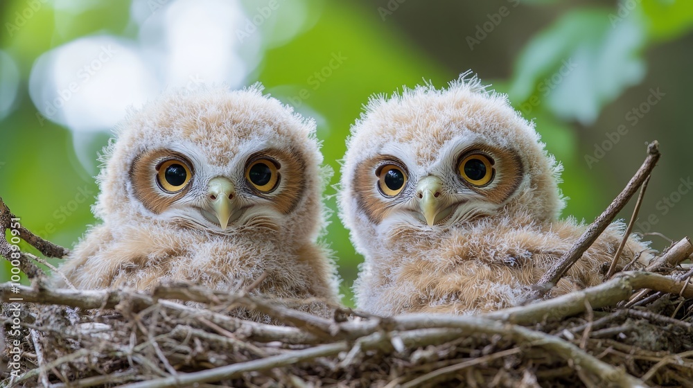 Obraz premium Two Adorable Baby Owls Huddled Together in Their Cozy Nest Two