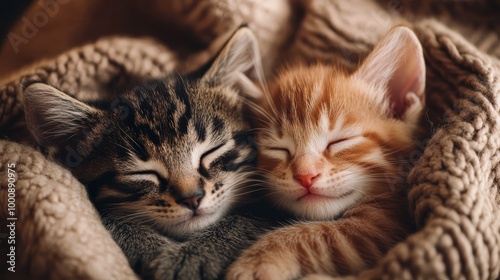 Two Adorable Kittens Find Comfort and Warmth in Cozy Blanket Cuddle Two