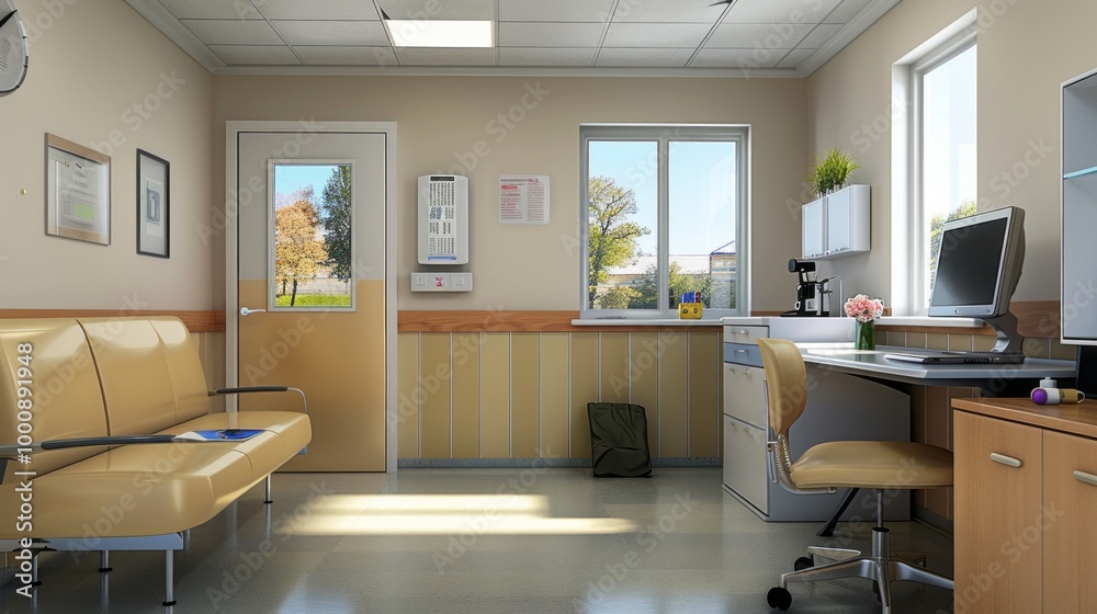A waiting room with a couch and a desk A waiting room with a couch and a desk