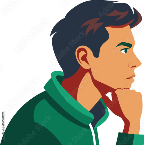 Man resting his chin on his hand, symbolizing thoughtfulness, reflection, and planning