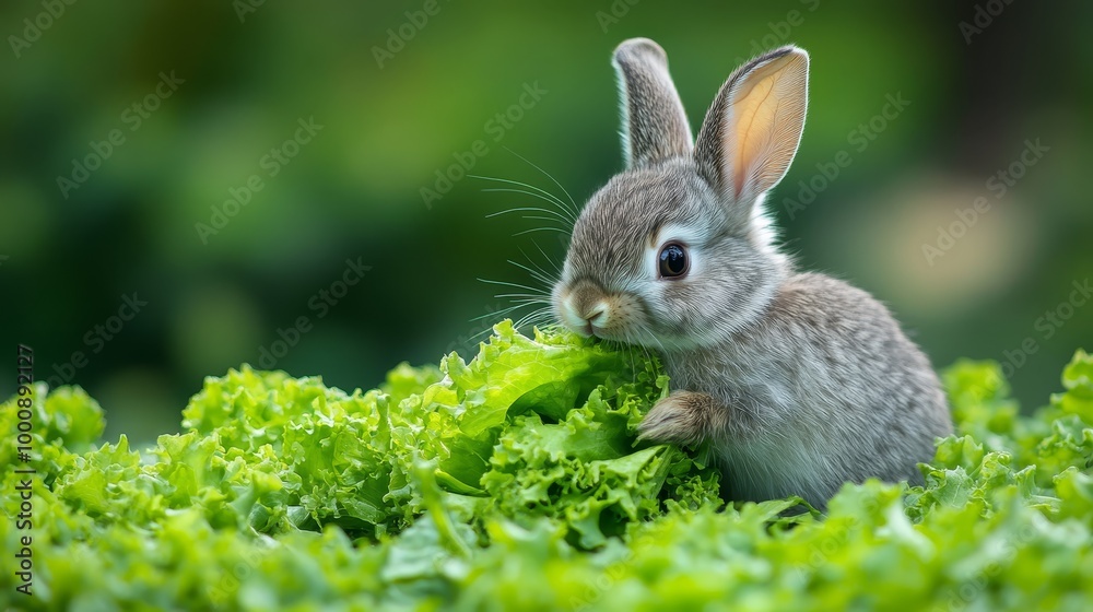 Fototapeta premium Adorable Brown Rabbit Enjoys Healthy Meal of Fresh Lettuce