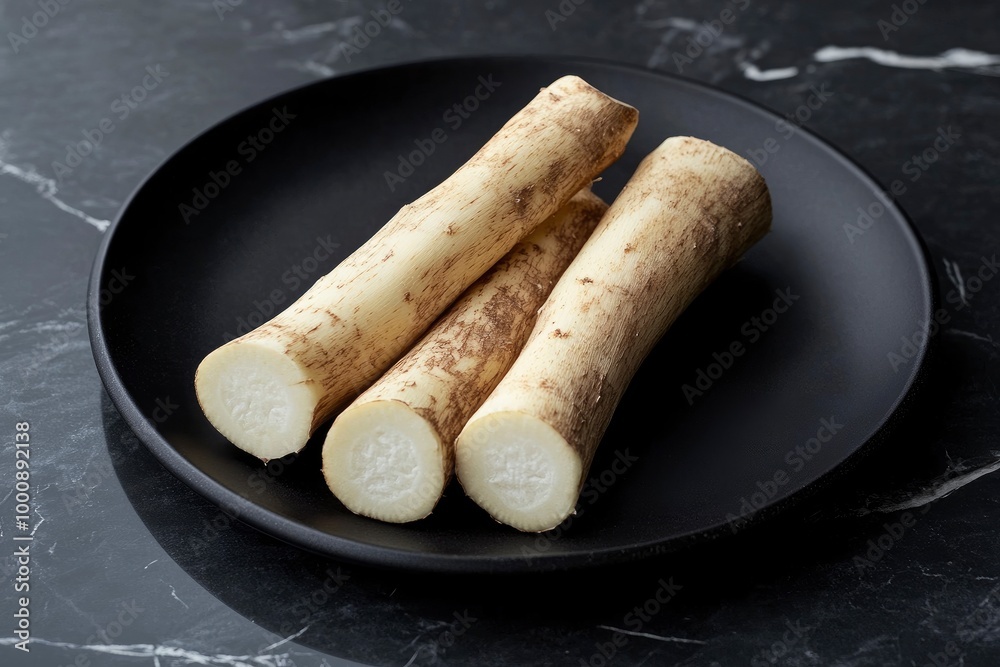 cassava that has been peeled and served on a black plate - generative ai cassava that has been peeled and served on a black plate - generative ai