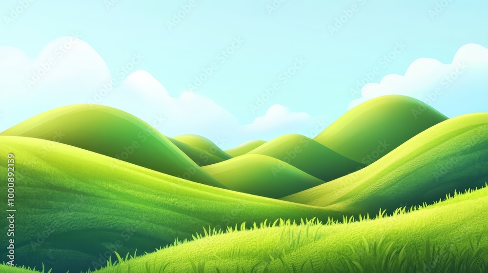Whimsical Cartoon Landscape, Rolling Green Hills Under Bright Blue Sky Whimsical Cartoon Landscape, Rolling Green Hills Under Bright Blue Sky