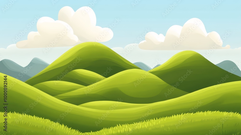 Obraz premium Whimsical Cartoon Landscape with Rolling Green Hills and Fluffy White Clouds