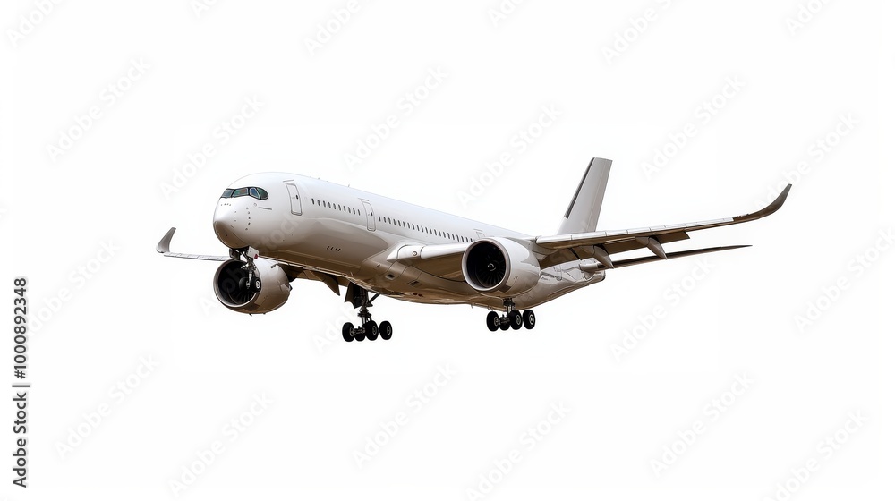 Obraz premium A commercial airplane with a clear white background for a clean, professional look. A clear white background enhances the sleek structure of a commercial airplane, perfect for showcasing aviation.