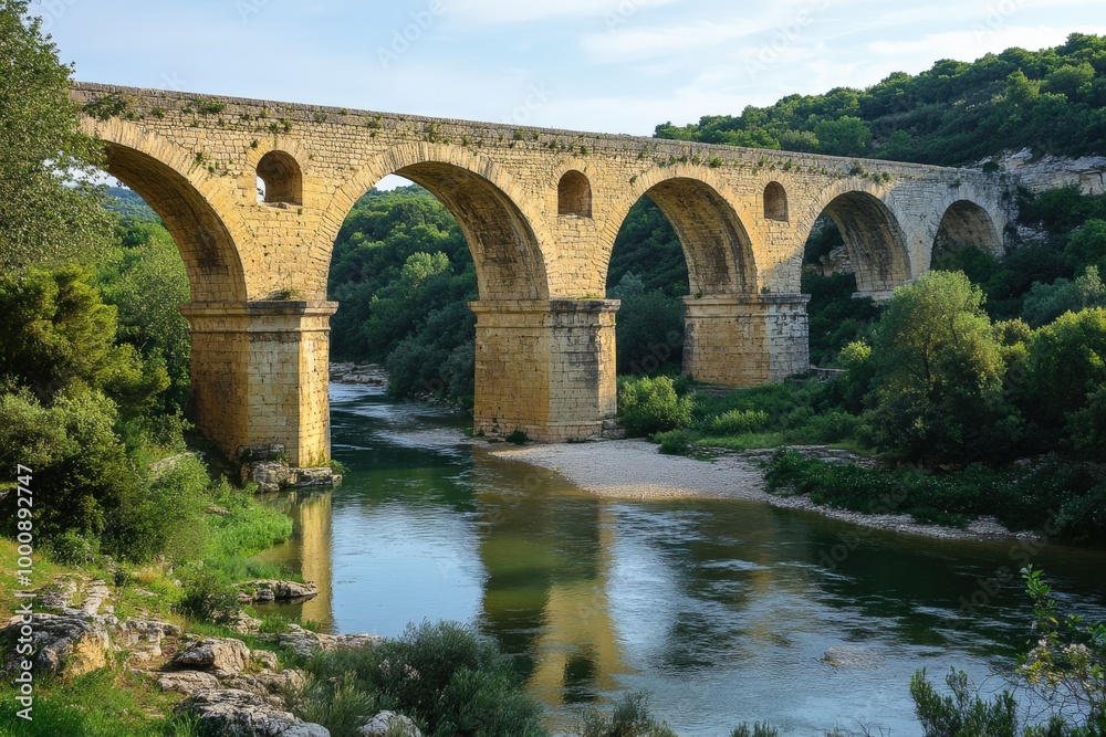 Aqueduct Pont du Gard in Natural Park: Roman Stone Arch over River amidst Green Trees Aqueduct Pont du Gard in Natural Park: Roman Stone Arch over River amidst Green Trees