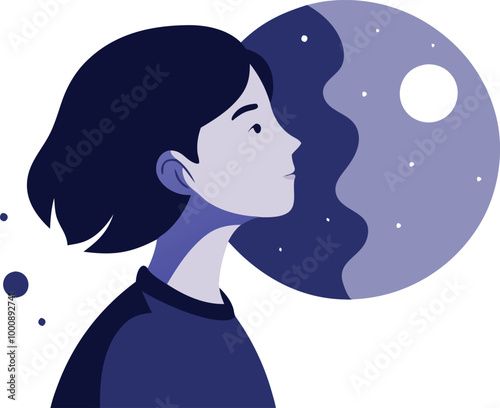 Girl looking at the moon, symbolizing dreams, imagination, and wonder in vector illustration