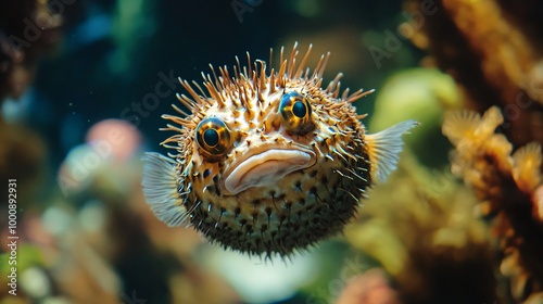 A close-up of a pufferfish with its spiky body photo