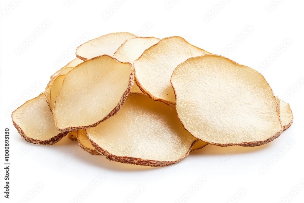 Cassava chips snack made of cassava which is thinly sliced and then fried isolated on a white background - generative ai Cassava chips snack made of cassava which is thinly sliced and then fried isolated on a white background - generative ai
