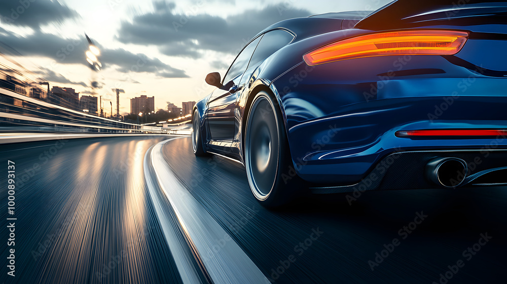 Rear view of blue Business car on high speed in turn. Blue car rushing along a high-speed highway. Rear view of blue Business car on high speed in turn. Blue car rushing along a high-speed highway.