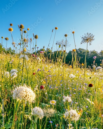 A vibrant field of wildflowers blooms under a clear blue sky. photo