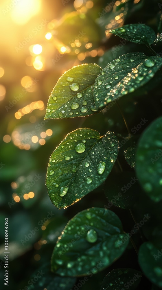 Close-up of green leaves with dew drops in warm sunlight. Close-up of green leaves with dew drops in warm sunlight.