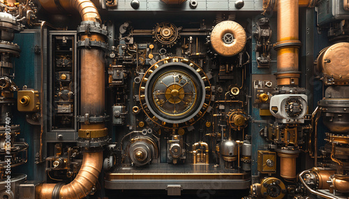 A Victorian-inspired mechanical world with gears, cogs, steam pipes, and brass accents, blending fantasy with machinery