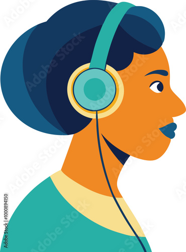 Woman wearing headphones, symbolizing music, focus, and concentration in vector illustration