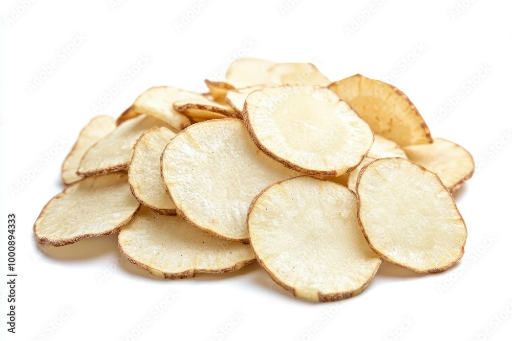 Cassava chips snack made of cassava which is thinly sliced and then fried isolated on a white background - generative ai Cassava chips snack made of cassava which is thinly sliced and then fried isolated on a white background - generative ai