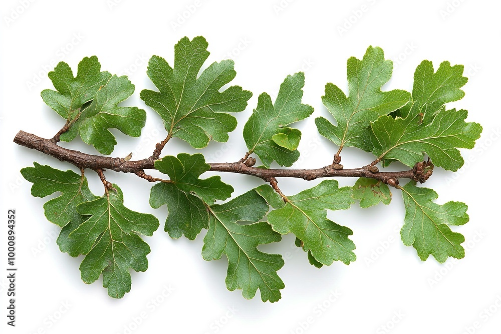 Isolated green oak branch with leaves on a white backdrop. Generative Ai