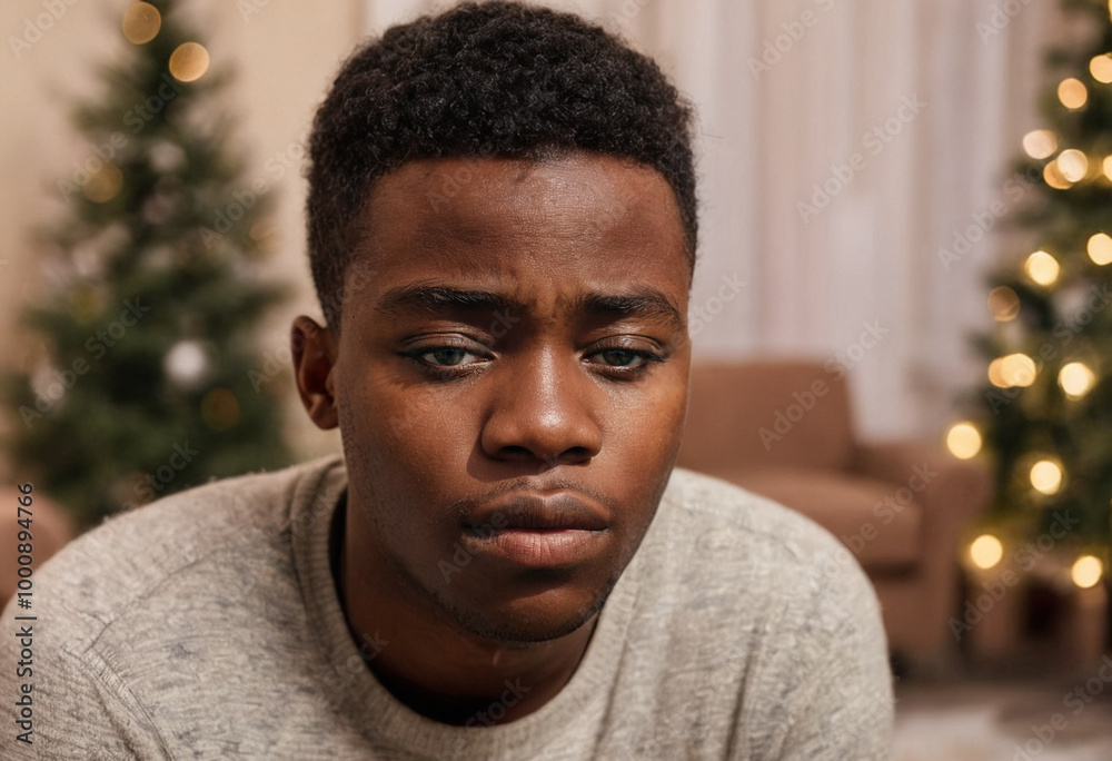 teen boy or young adult man, black people, african american, christmas trees in the living room, sad depressed and annoyed, alone and lonely, sad and desperate and unmotivated teen boy or young adult man, black people, african american, christmas trees in the living room, sad depressed and annoyed, alone and lonely, sad and desperate and unmotivated