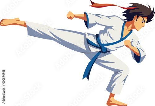 Boy practicing karate kick, symbolizing martial arts, discipline, and strength