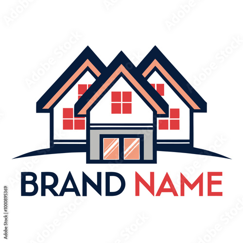 A vector logo for a real estate business features a stylized house icon with a roof and building design, symbolizing property, sale, and housing construction