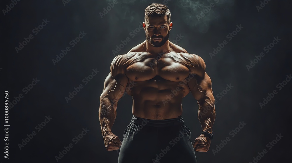 Fototapeta premium A muscular man flexes his bicep in front of a dark background with smoke.
