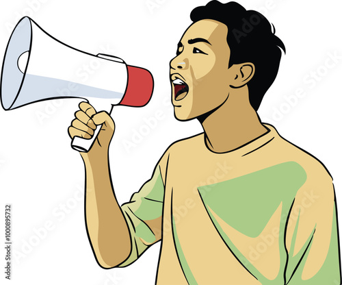 Man shouting through a megaphone, symbolizing communication, leadership, and motivation
