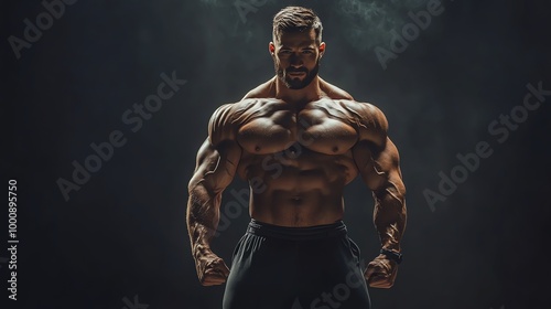 A muscular man flexes his bicep in front of a dark background with smoke.