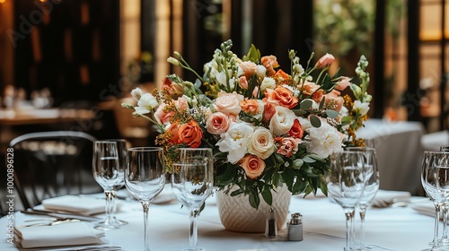 A wedding table setting with flowers and crystal glasses.