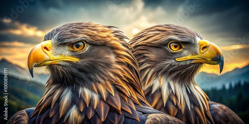 The magnificent two-headed eagle symbolizes strength and unity, gracefully soaring amidst nature's stunning beauty,