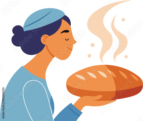 Woman smelling freshly baked bread, symbolizing food, baking, and homemade comfort
