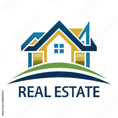 A vector illustration of a real estate logo or icon with a house or building and roof symbol
