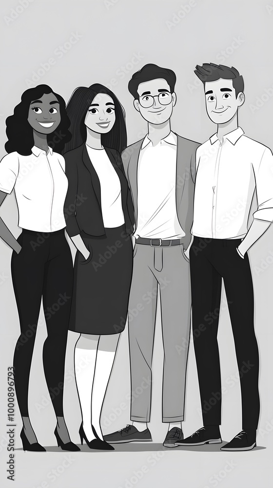 Fototapeta premium A black-and-white cartoon illustration of diverse people standing next to each other, dressed in smart casual attire