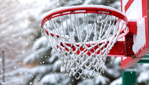 Whimsical winter scene of a basketball hoop adorned with snow, blending seasonal charm and outdoor sports in a playful contrast