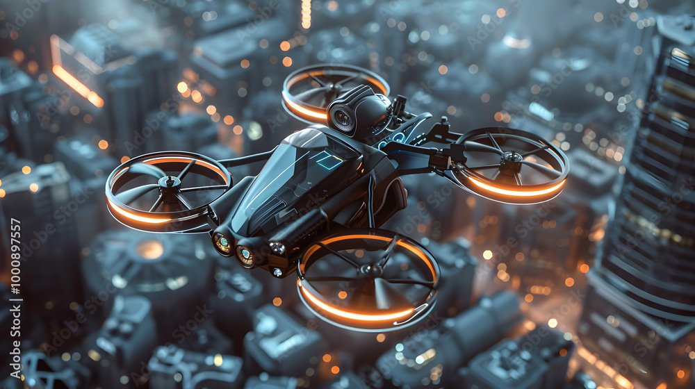 Fototapeta premium A small drone flying in the sky, surveillance, espionage. Neural network AI generated art