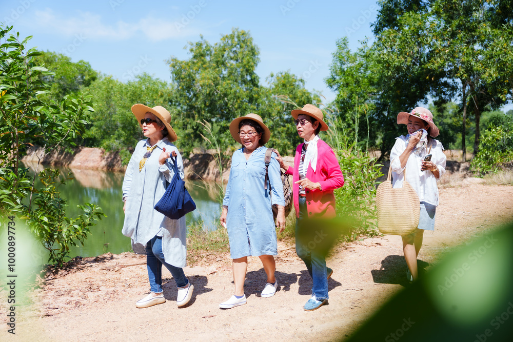 Fototapeta premium Four elderly Asian women laughing and walking together on a nature trail, dressed in casual clothing with wide-brim hats. They share a lighthearted moment while exploring the outdoor surroundings.