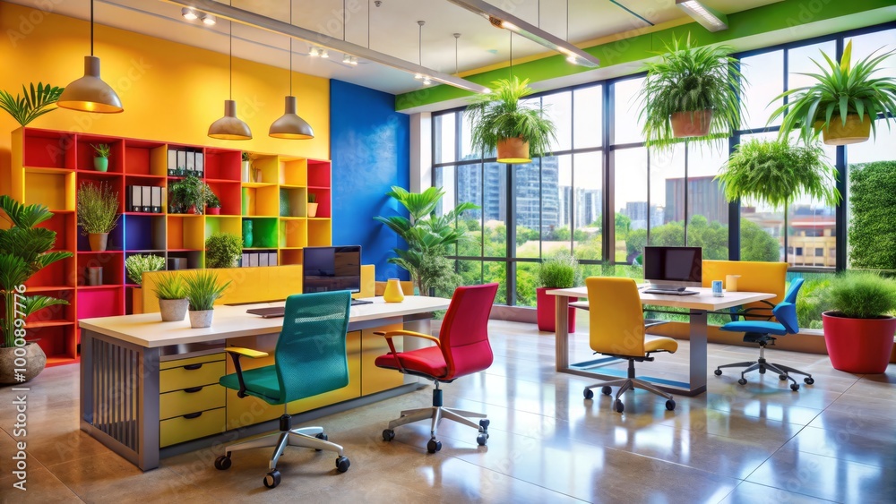 Obraz premium This modern Bangalore office showcases vibrant hues and unique furniture designs, creating a dynamic atmosphere that