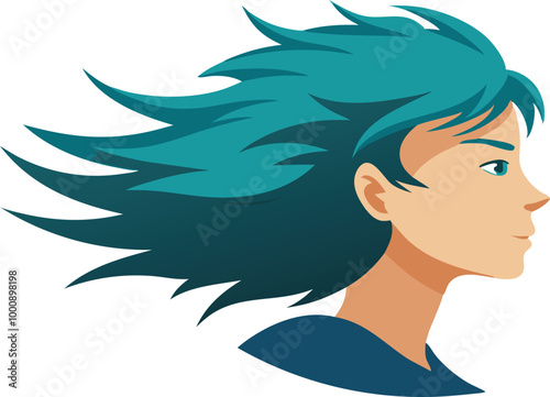 Female with blue flowing hair, symbolizing motion, freedom, and creativity