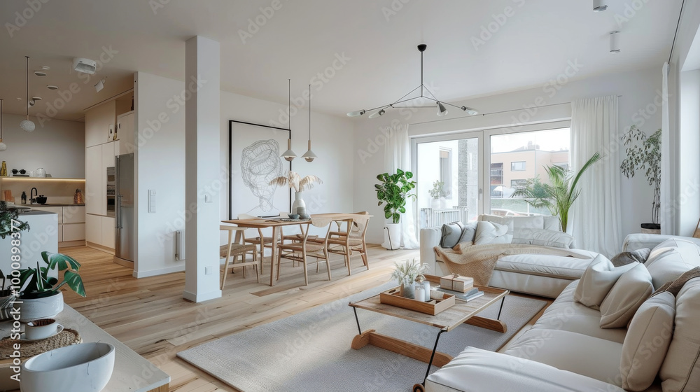 A bright and airy living room featuring modern furniture, cozy sofa, and dining area with wooden chairs. space is adorned with plants, creating serene atmosphere A bright and airy living room featuring modern furniture, cozy sofa, and dining area with wooden chairs. space is adorned with plants, creating serene atmosphere