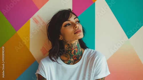 A tattooed woman in a white t-shirt stands in front of a colorful geometric wall.