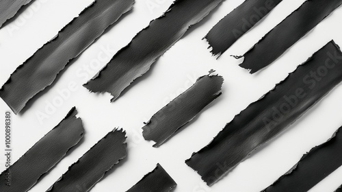 High-resolution image of multiple long, thin strips of black paper with torn edges, loosely scattered across a white background. photo