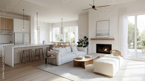 A modern living room featuring cozy sofa, stylish chairs, and warm fireplace. open layout connects to dining area, creating bright and inviting atmosphere