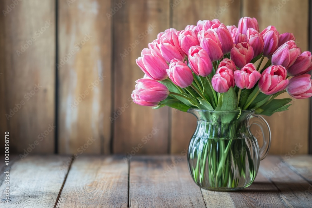 Tulips In Vase. Pink Spring Tulips on Wooden Table. Botanical Arrangement for Spring Season Tulips In Vase. Pink Spring Tulips on Wooden Table. Botanical Arrangement for Spring Season